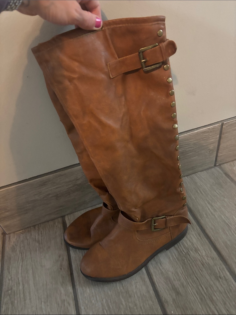 Women’s Tall Riding Boots in Cognac Brown - Classic Buckle & Stud Detail